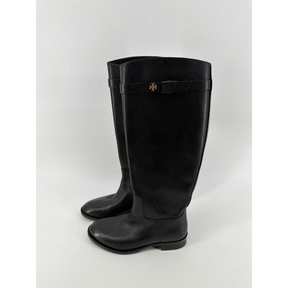 Tory Burch Black Leather Tall Riding‎ Boots Gold Logo Buckle 6W 139174